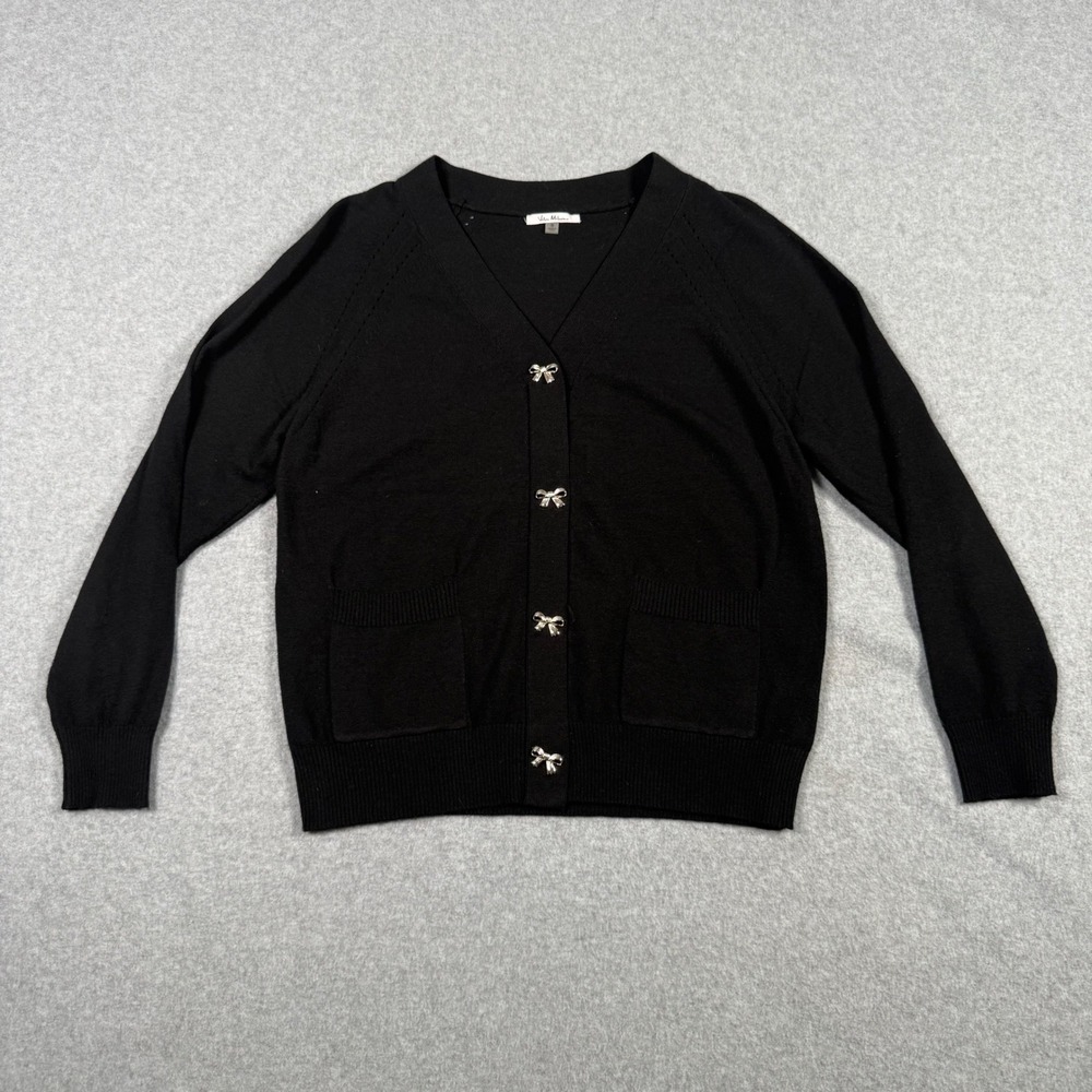 Vila Milano Womens Black V-Neck Cardigan Silver Bow Buttons Small Pocket Sweater